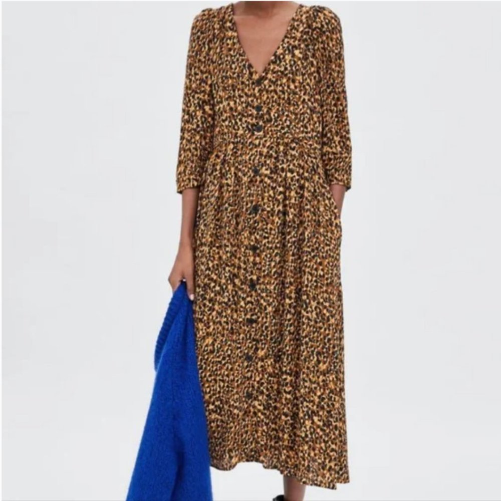 Zara TRF Animal Print Button Down Midi Dress